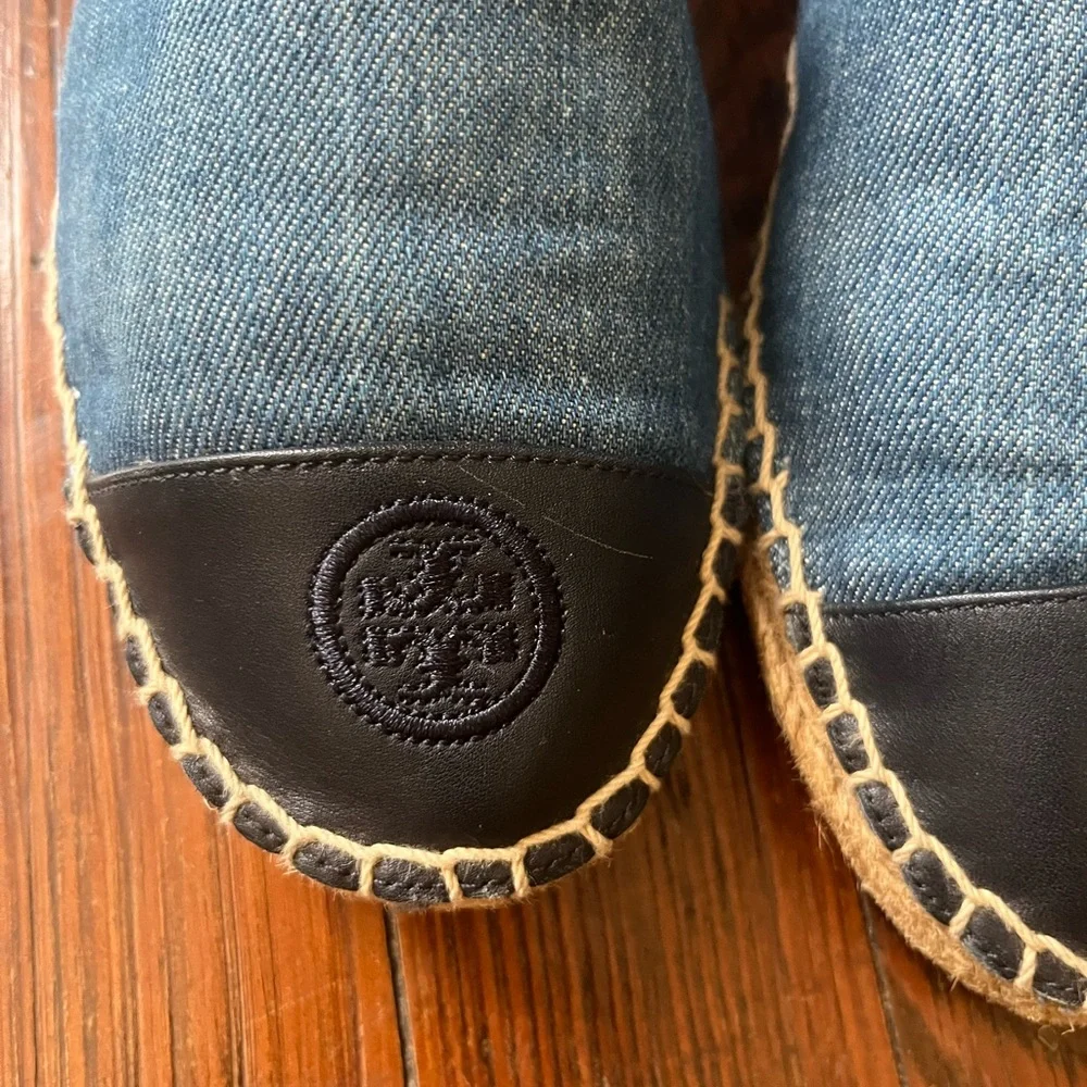 Tory Burch Blue Denim & Black Leather Espadrilles